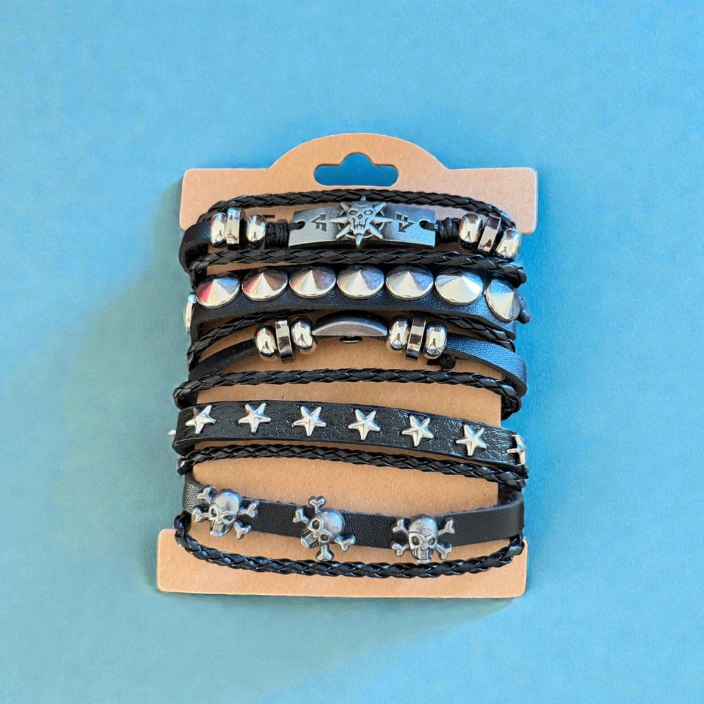Gothic Leather Bracelet Set β Adjustable Punk Rock Wristbands 5-Piece Pack